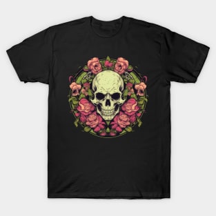 Green Evil Skull with Flowers and Roses T-Shirt